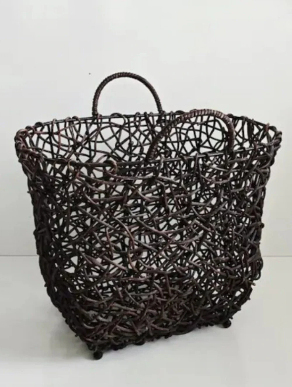 Vintage Woven Grapevine And Metal Decorative Storage Basket - Dark Brown